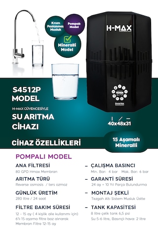 12 Litre Pompalı 15 Aşama Su Arıtma Cihazı Hmaxs4512p