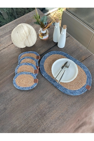 4 Adet Oval Bardak Altlığı- Leke Tutmaz- Naturel-mavi 13x17 Cm Naturel