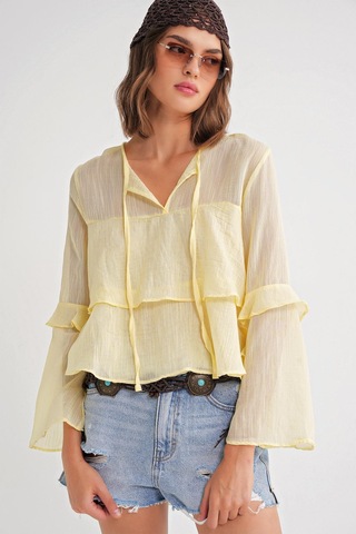 4735 Kadın Uzun Kollu Fırfırlı Bağlamalı Bluz Sarı Sari