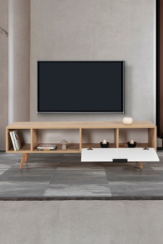 3640 Venüs 160 Cm Ahşap Ayaklı , Metal Kulplu Tv Ünitesi , Safir - Beyaz , Tv Sehpası , Salon Safir - Beyaz