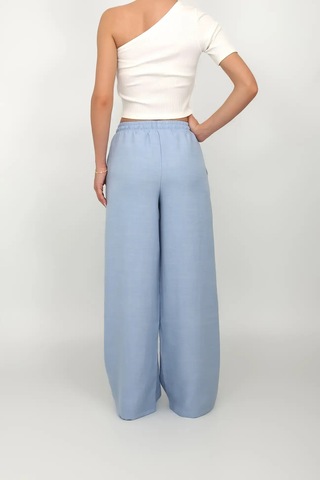 Kadın Beli Lastikli Geniş Paça Keten Pantolon Mavi