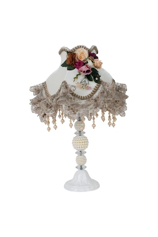 Dekovien Kadife Kaplı Çiçek Dekorlu Abajur Ekru Vizon Beyaz