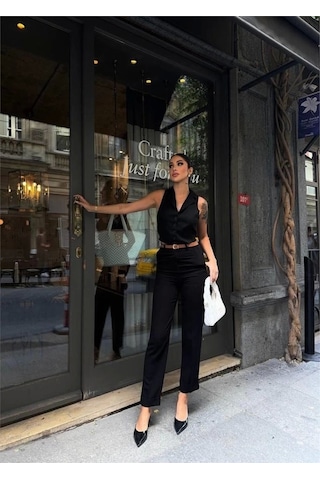 Defymoda Keten Duble Paça Deri Taba Kemerli Pantolon - Siyah Siyah