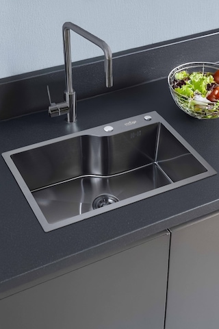 Ala Serisi %100 Krom 68x45 Paslanmaz Mutfak Eviyesi, Mutfak Lavabosu Sifon Dahil Siyah