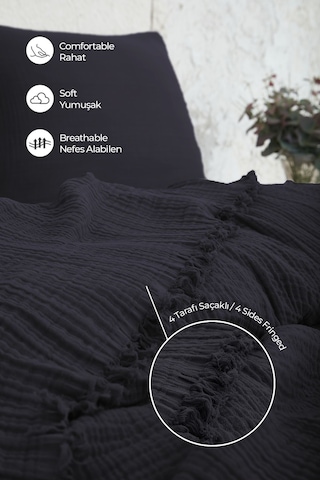 %100 Pamuk Müslin Yatak Örtüsü Tek Kişilik 4 Katlı Battaniye 2 Parça Müslin Pike Seti Siyah Siyah