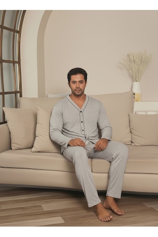 Ercan Erkek Önden Düğmeli Uzun Kollu Pijama Takım A.gri