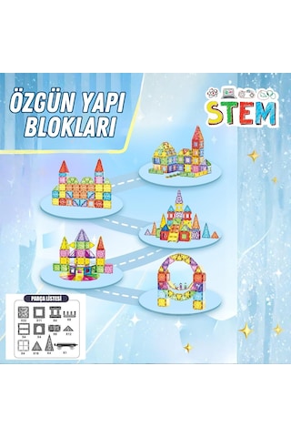 Solira Store - 100 Parça 7,5 Cm Manyetik Yapı Blokları Seti Arabalı, Güçlü Mıknatıslı, Stem Eğitici Renkl
