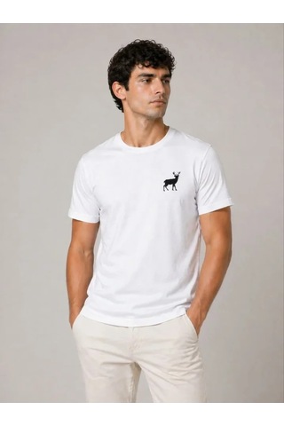 Efnaz Style Erkek Minimal Geyik Logolu Tişört Bisiklet Yaka Kısa Kol Yazlık T-shirt - Beyaz