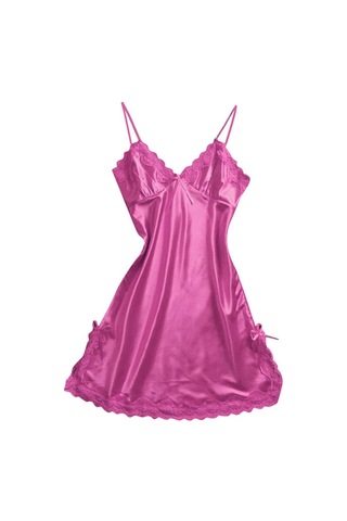 Suntek Bayan Sexy Lingerie Pijama Saten Ilmek Dantel Babydoll Pembe