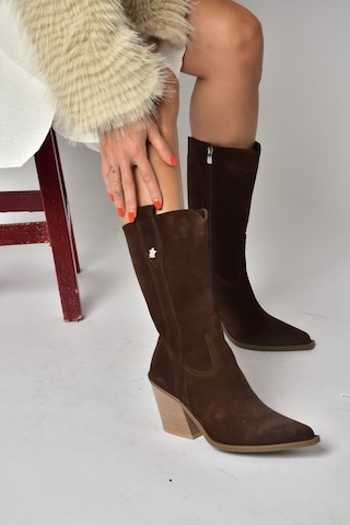Fox Shoes Z654940161 Kahverengi Hakiki Deri Süet Kalın Topuklu Western Kadın Çizme