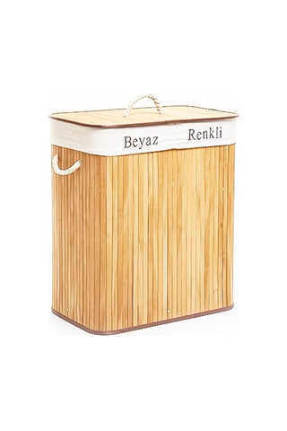 Bambu Ahşap 2 Bölmeli Çamaşır Sepeti 52x32x62 Cm Sarı