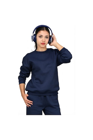 Erdem Kıds Unisex Kız-erkek Çocuk Paçası Lastikli 3 İplik Şardonlu Pamuklu Basic Bisiklet Yaka Okul Eşofman Takımı Lacivert Lacivert