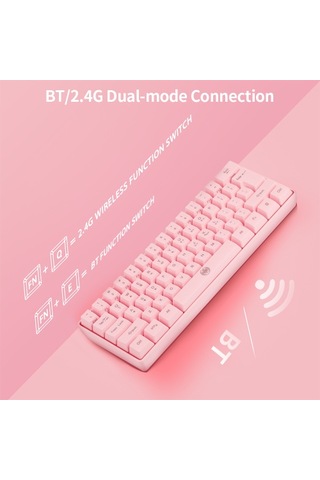 61 Tuşlu Kablosuz Klavye Bt+2.4g Çift Modlu Klavye Rgb Arka Aydınlatma Efekti Abs İki Renkli Enjeksiyon Kalıplama Tuş Takımı Pembe