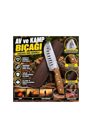 Av Ve Kamp Bıçağı Keskin Çelik Bıçak Ergonomik Ahşap Sap Ve Deri Kılıflı