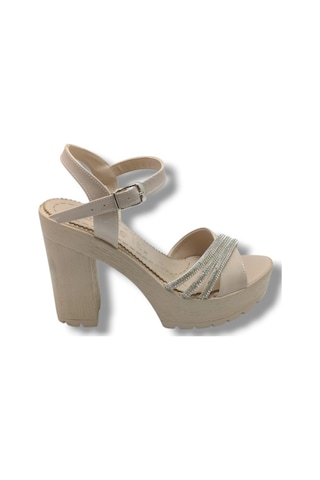 Selfie 4260-26 Rugan Taşlı Çapraz Bant Platform Topuk Fashion Kadın Sandalet 11cm Bej