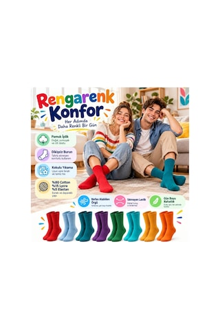 Womanandkids Wak Unisex Renkli Çorap 8'li Set Günlük Rahat Esnek Uzun Soket Çorap Canlı Renkler Yumuşak Konforlu Seti Çok Renkli
