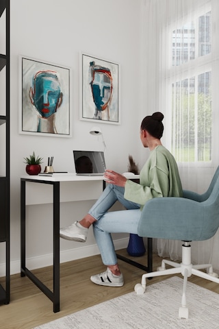 Selin Metal Ayaklı Çalışma Masası Beyaz Suntalam, Siyah Ayak, Modern Ofis & Ev Masası Beyaz