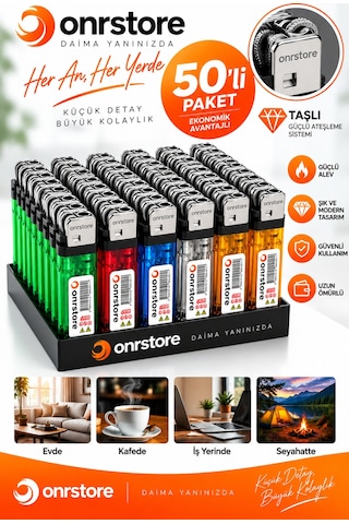50 Li Paket Taşlı Gaz Dolumlu Çakmak Renkli Şeffaf Gövde Ekonomik Set Çok Renkli