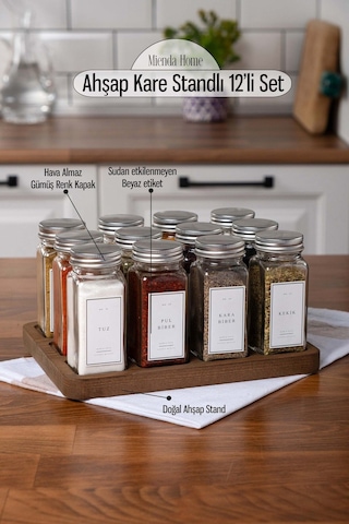 12'li Cam Baharatlık Takımı Gümüş Kapak Beyaz Etiket Ahşap Stand Baharatlık Seti-mh01slvr12 Beyaz - Şeffaf