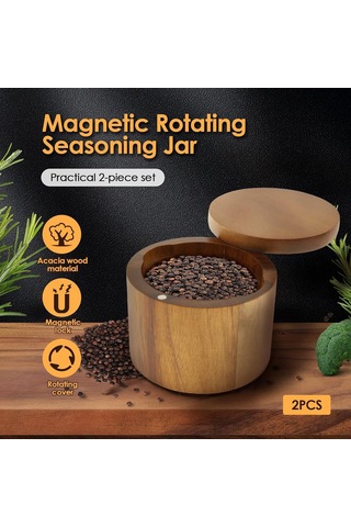 Geekyou Akasya Ahşap Baharat Depolama Kavanozu, Manyetik Döner Kapak Ve Kaşık İle Tuz-biber-seker Saklama Kabı Ahşap