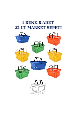 8 adet 22Litre Market ve Alışveriş Sepeti, Saplı Market Sepeti R4
