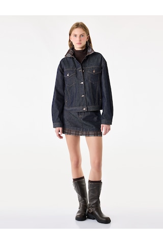 Koton Normal Bel Düğmeli Cepli Pamuklu Ekose Katlı Mini Denim Etek Raw 7wal70018md 63x