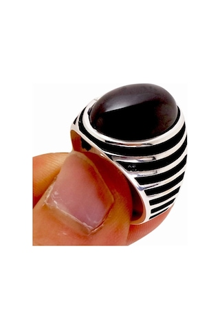 Oval Kesim Siyah Oniks Taşlı Erkek Gümüş Yüzük