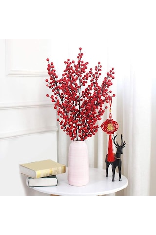 Yapay Çiçek Kokina Uzun Dal 63cm Yılbaşı Çiçeği Red Berry