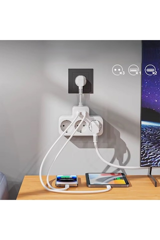Çoklu Kablolu Priz Yüksek Gerilim Korumalı 3'lü Priz 1x Usb 2x Type-c Çıkışlı Grup Priz Çoğaltıcı 2 M