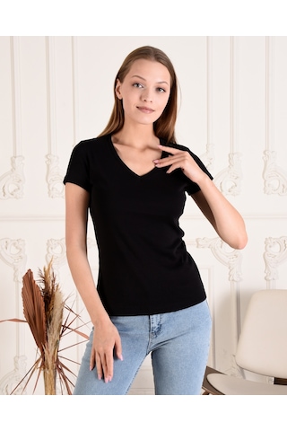 Kadın Siyah V Yaka Kısa Kol Tshirt Siyah