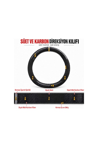 Hyundai İ20 Dikme Direksiyon Kılıfı Alcantara Süet Mat Karbon Gri Yüzük Ve Dikiş 2014-2020 Siyah