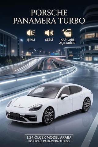 Işıklı Sesli Pilli 1:24 Metal Porsche Panamera Turbo Kapısı Kaputu Ve Bagajı Açılabilir Model Araba Beyaz