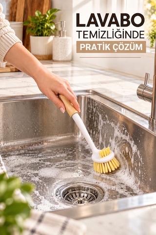 Porsima Bambu Saplı 2'li Bulaşık Ve Lavabo Temizlik Seti - Değiştirilebilir Paslanmaz Tel Bulaşık Fırçası & Çok Amaçlı Yıkama Fırçası Beyaz