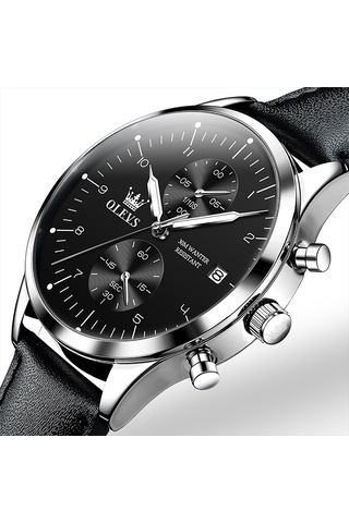 Olevs 2880 Erkekler Çok Fonksiyonlu İş Su Geçirmez Deri Kayış Kuvars Saat Siyah + Gümüş