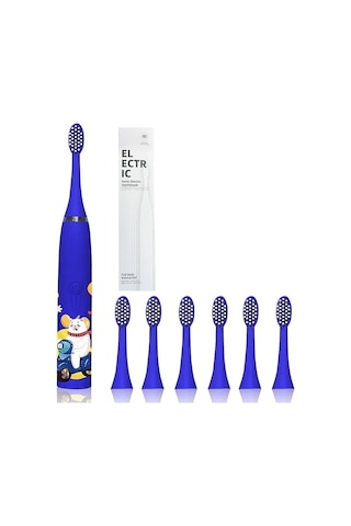 Sonic Pille Çalışan Karikatür Desenli Diş Fırçası 6 Yedek Başlık Su Geçirmez Yumuşak Fırça Lacivert
