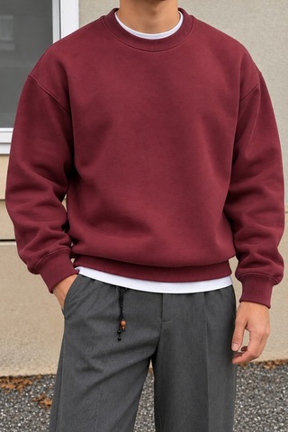 Cool Tarz Erkek 3 İplik Şardonlu Regular Fit Bisiklet Yaka Basic Sweatshirt Bordo Bordo