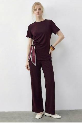 Shade Kadın Fularlı Bağlama Detaylı T-shirt Yüksek Bel Pantolon Alt-üst Takım 7630 60286041 - Bordo
