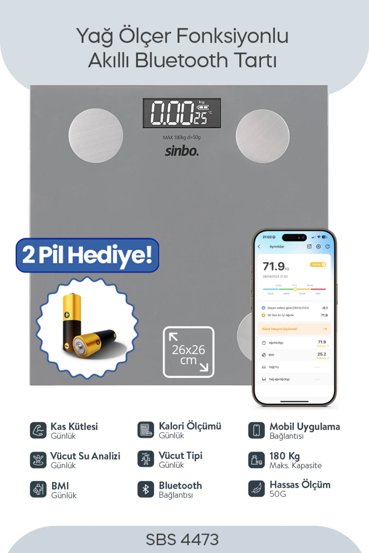 Sbs-4473 Bluetooth Dijital Yağ Su Kas Vücut Kitle Endeksi Kilo Ölçer Tartı Baskül