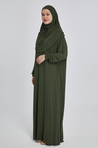 Pratik Başörtülü Rahat Giyilebilen Organik Tek Parça Namaz Elbisesi Haki