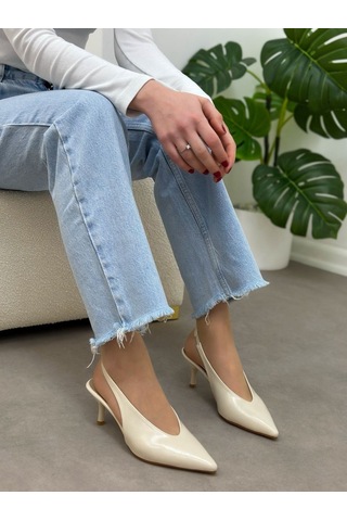Ervanın Butiği Bej Parlak Deri Larry Lastik Detay Kadın Stiletto-6079 Bej Cilt