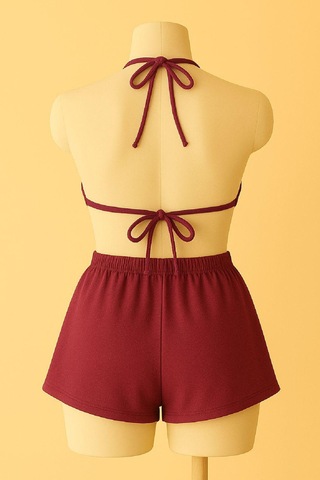 Angbutik Kadın Bordo Şortlu Belden Ve Boyundan Bağlamalı Bikini Takımı