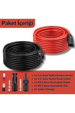 Solar Kablo Seti 6mm² - Mc4 Ve Yüksük Montajlı 5+5 Metre