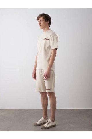 Erkek Çocuk Sırt Baskılı Pamuklu Oversize T-shirt Şort Takım-15798 Bej