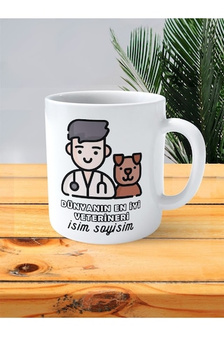 Veteriner Baskılı Kupa Bardak İsimli Kişiye Özel Hekim Köpek Dünyanın En İyi Veterineri Çok Renkli