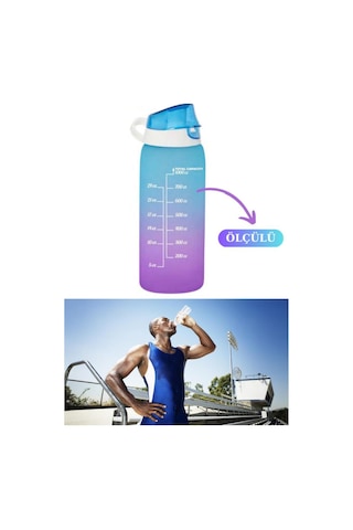 1 Litre Çift Renk Suluk, Okul Ve Sporcu Matarası, Motivasyonel Su Şişesi 1000ml Mavi Mavi Plastik Diğer