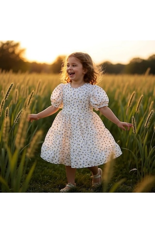 Çiçekli Kız Çocuk Yazlık Elbise St08993 KREM