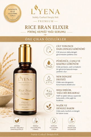 Lyena Premium Rice Bran Elixir Pirinç Kepeği Yağı Cilt Bakım Serumu 50 Ml Pürüzsüz Ve Dengeli Görünüm Destekleyici