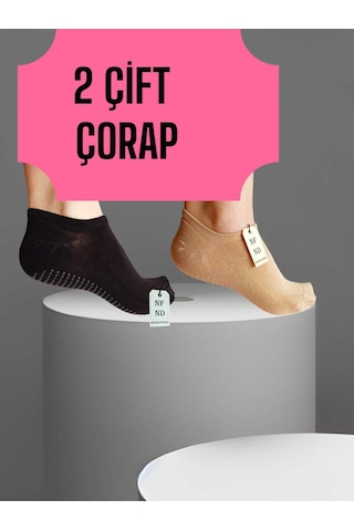 Enefendi 2 Çift Babet Çorap Görünmez Çorap Spor Yoga Pilates Sneakers Kaymaz Silikon Taban 36-40 Krem Siyah Renkli