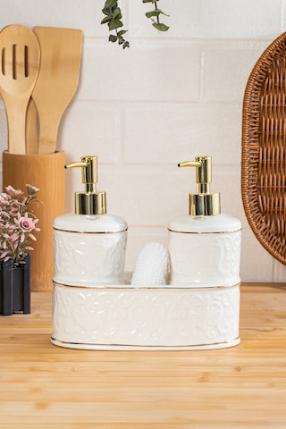 Porsima 3116 Gold Kapaklı Porselen Süngerli 2li Sıvı Sabunluk Beyaz 350+350 Ml Altın - Beyaz