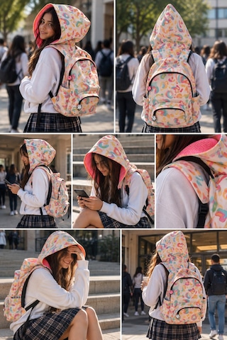 Unisex Su Geçirmez Pastel Leopar Desenli Çıkarılabilir Kapüşonlu Sırt Çantası Çok Renkli